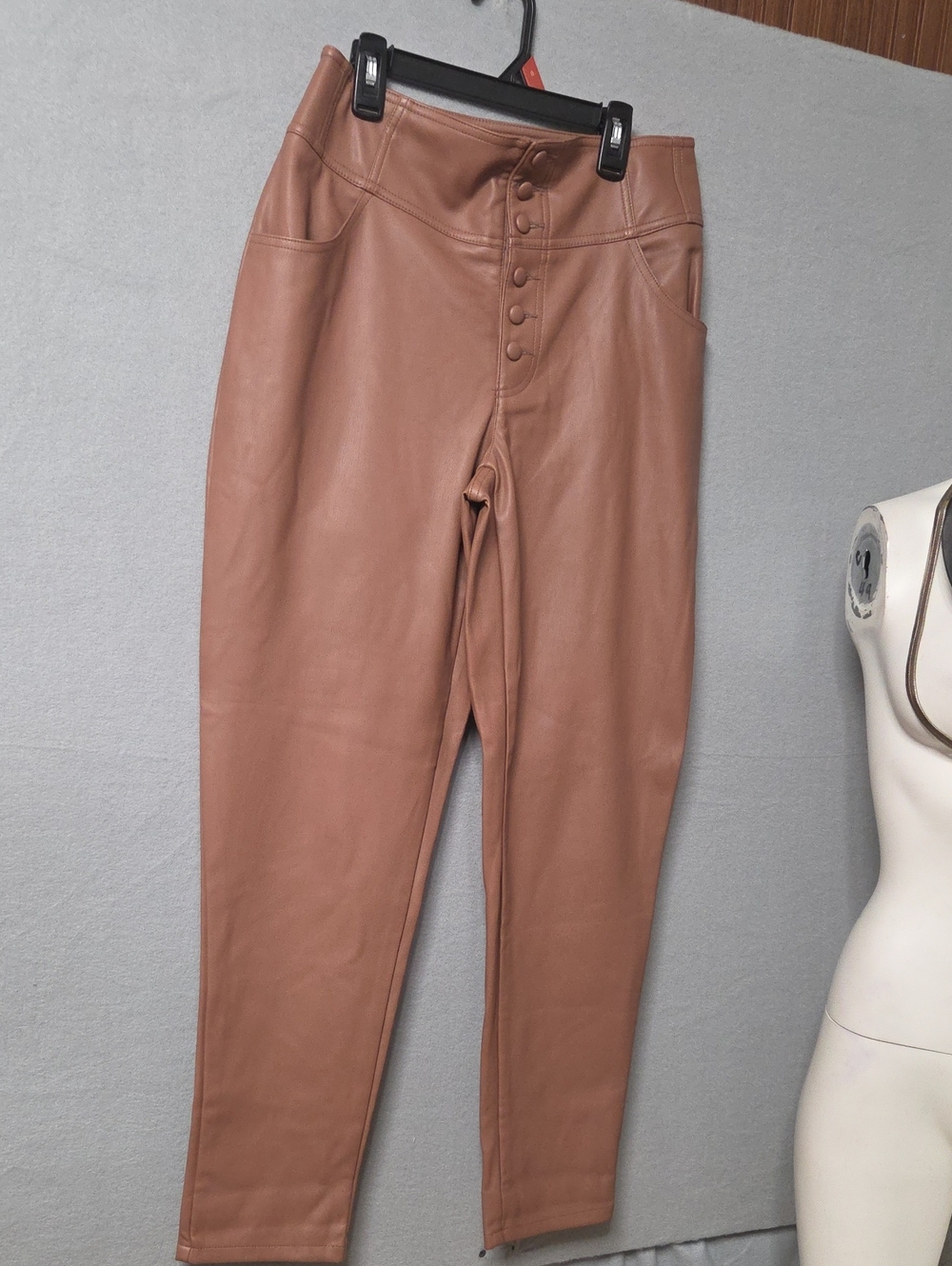 Bar III High Rise Faux Leather Pants Women's Size 6 Exposed Button Tapered Leg